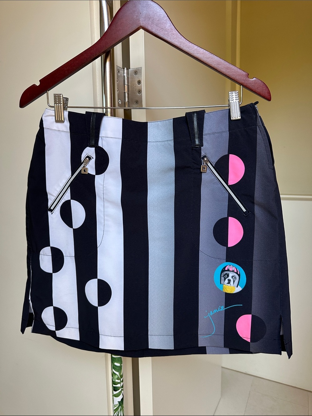 jamie sadock Black, White, Gray & Pink Striped Mini Skirt